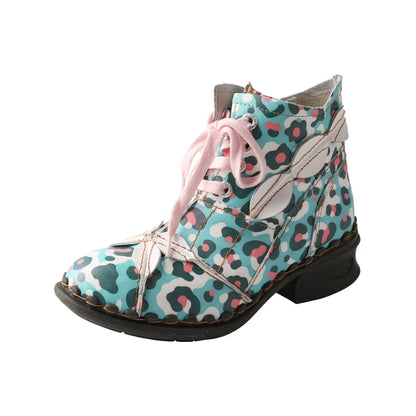 Leafy Lace Lovelies - Leaf Pattern Washed Leather Brogue Ankle Boots For Women