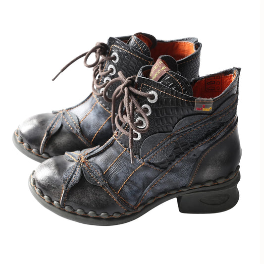 Leafy Lace Lovelies - Leaf Pattern Washed Leather Brogue Ankle Boots For Women